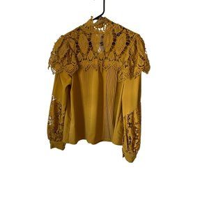 Shein Privé Blouse Size L Gold Yellow Contrast Lace Collar Bishop Sleeves